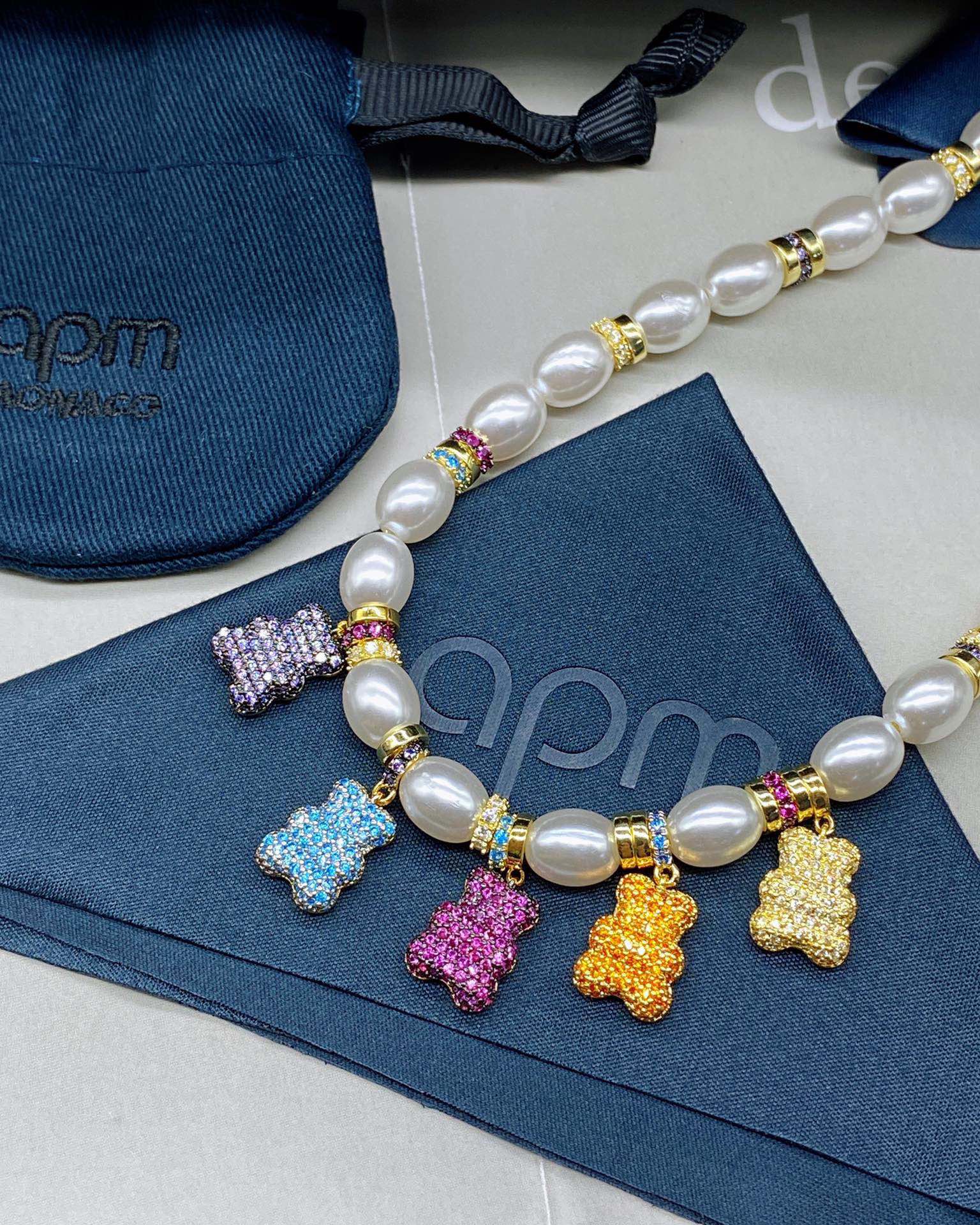 APM Monaco Pearl and Crystal Bear Charm Necklace